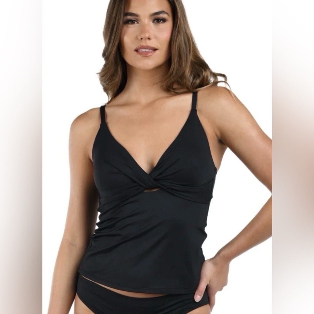 NWT La Blanca Island Goddess V-Neck Twist Front Tankini Swim Top Black Sz 8 $99